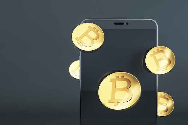 Digital money market cryptocurrency mining and bitcoin exchange concept with modern black smartphone surrounded by golden bitcoins on dark blackboard 3D rendering