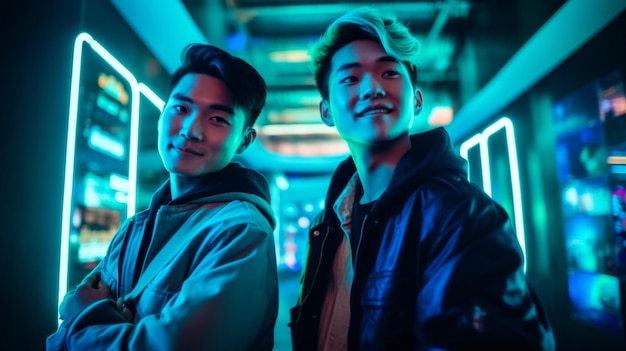 Photo digital moniter korean man and friend years old smile relax pose modern style neon color light