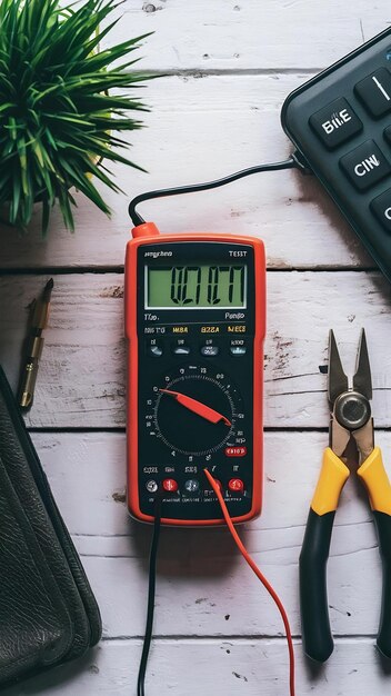 Photo digital multimeter with tester and pliers on white wooden table