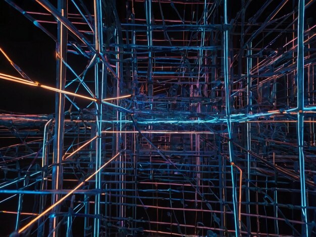 Digital network of glowing neon lines and nodes representing futuristic AI technology