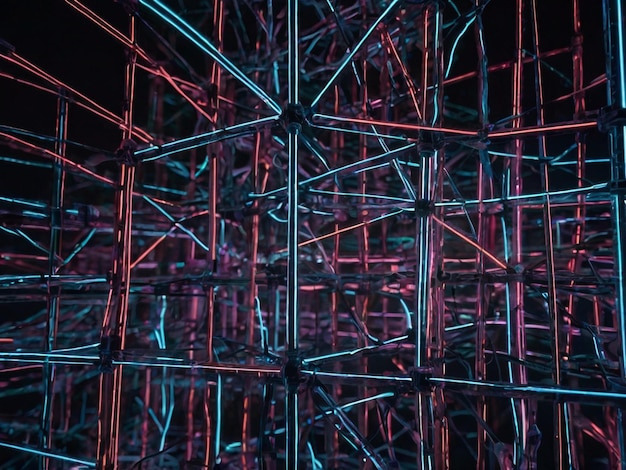 Digital network of glowing neon lines and nodes representing futuristic AI technology