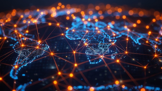 Digital Network Grid Overlaying Global Map Illustrating Global Connectivity