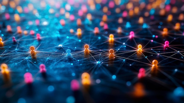 A digital network of tiny people symbolizes global communication and social connections through technology