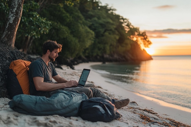 Photo digital nomad collaborating a man sitting on a beach chair working on a laptop with the ocean