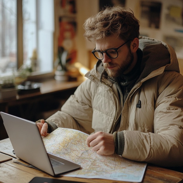 Photo a digital nomad navigating a new city using a map and a laptop for planning