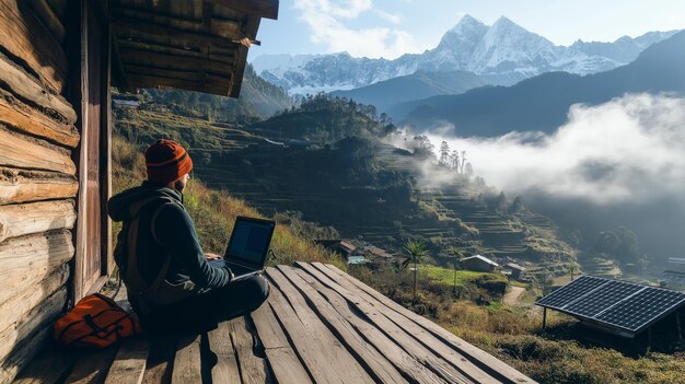 Photo digital nomad working remotely from a mountain cabin deck with solar charger at sunrise