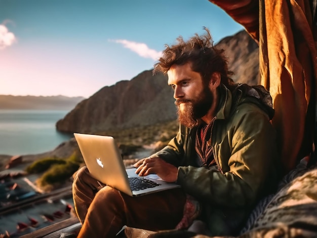 Photo digital nomads man who working on laptop