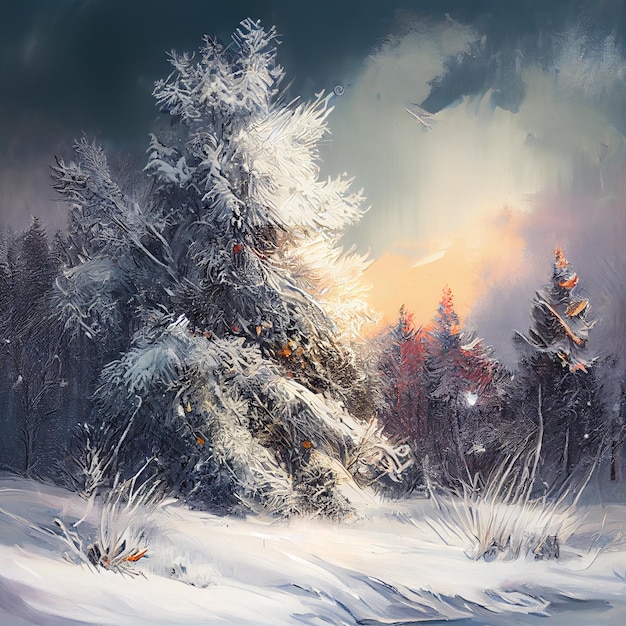 Digital oil painting of winter solstice in isolated snowy forest after snow fall Beautifully natural winter scene blizzard trees snow Generative AI