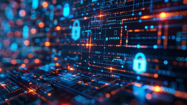 Digital Padlock and Data Flow Icons on Tech Grid Representing Cyber Security