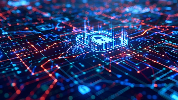 Digital padlock icon on a circuit board with data flow cybersecurity data protection network