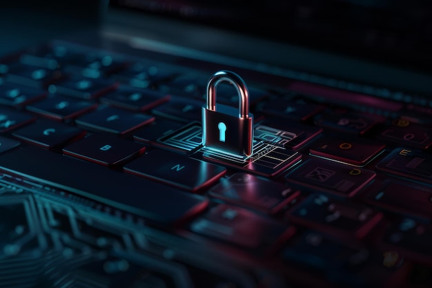 Digital Padlock Placed on Open Laptop Keyboard at Night for Cybersecurity