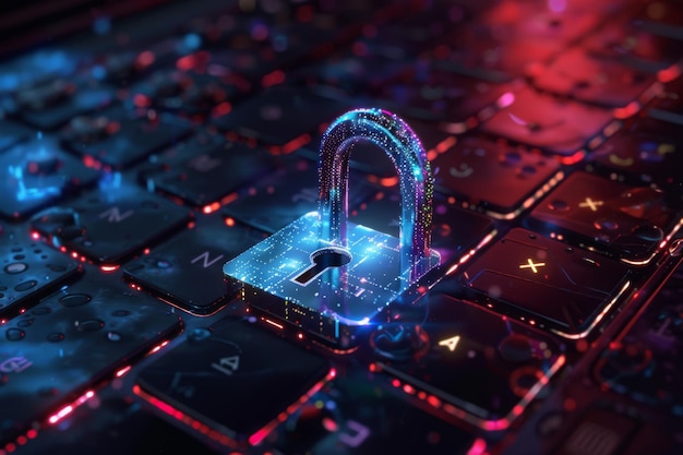 Digital Padlock Placed on Open Laptop Keyboard at Night for Cybersecurity