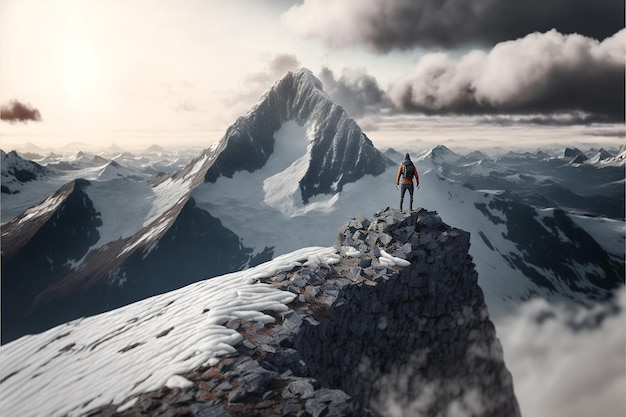 Digital painting of adventurous man hiker standing on top of icy peak mountain