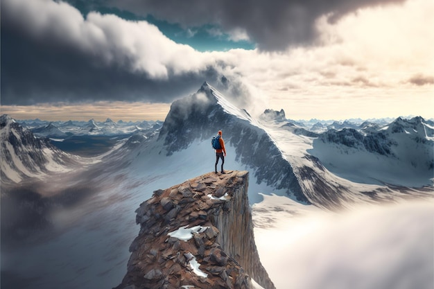 Digital painting of adventurous man hiker standing on top of icy peak mountain