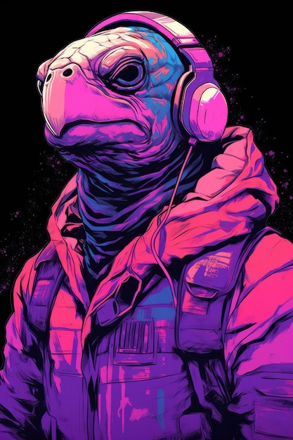 A digital painting of a alien with headphones and a purple jacket.