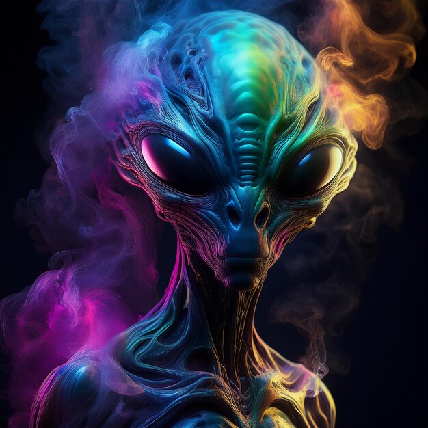 Photo a digital painting of a alien with a purple and green color background