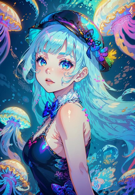 a digital painting of a anime girl with blue hair and a flower on her head