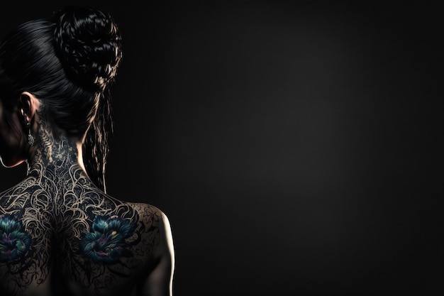 Digital painting of back view of young woman with huge tattoo people active