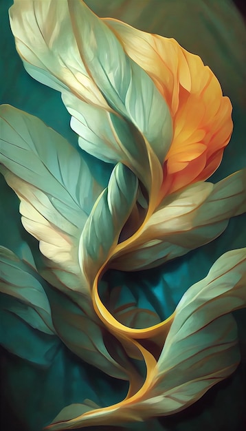 A digital painting background of flora leaves with orange and teal colours