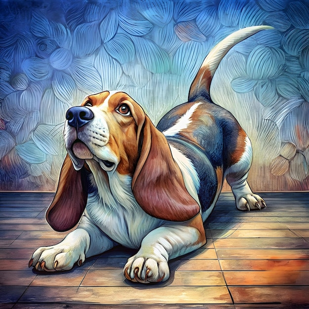 Photo digital painting of basset hound stretching artistic dog design