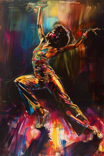 Digital painting of a beautiful African American woman dancing in a colorful room