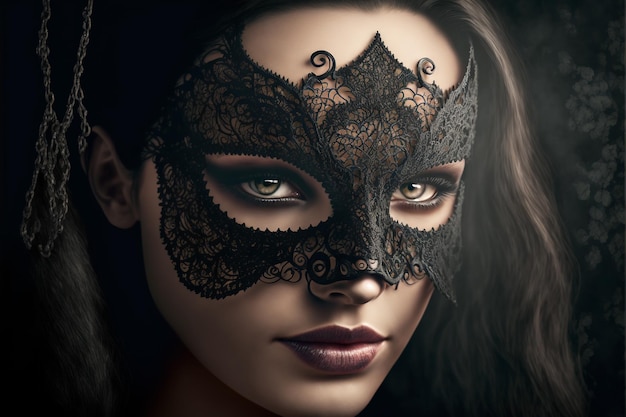 Digital painting of beautiful woman with black lace mask over her eyes