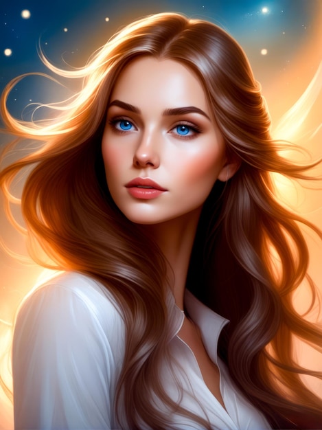 Digital painting of beautiful woman with long brown hair and blue eyes