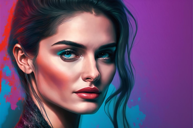 Digital painting of beautiful young woman on color background