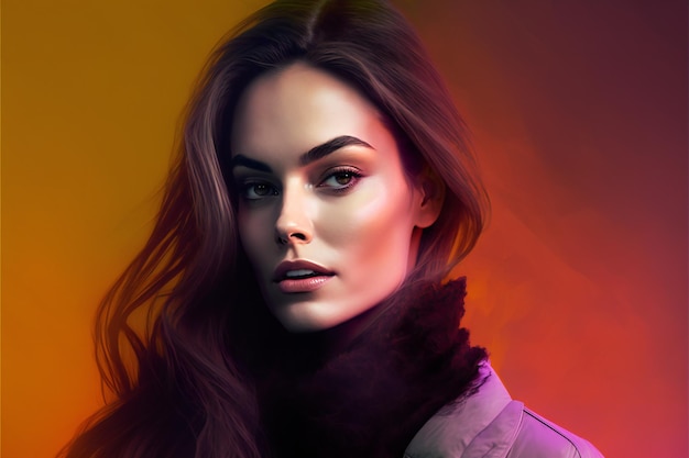 Digital painting of beautiful young woman on color background