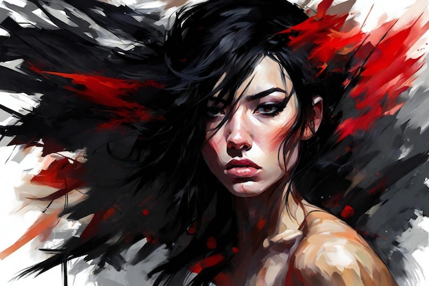 Digital painting of a beautiful young woman with black hair and red lips