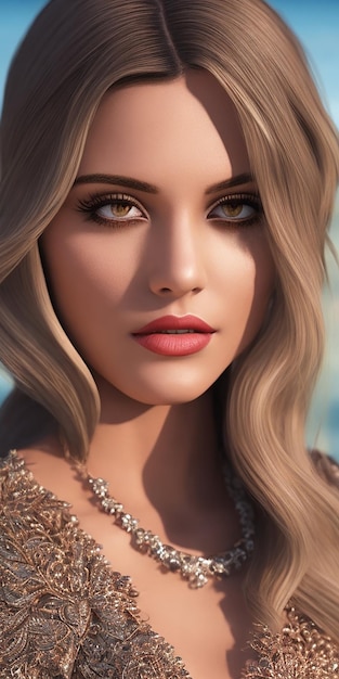 A digital painting of a beautiful young woman with brown hair and a gold necklace