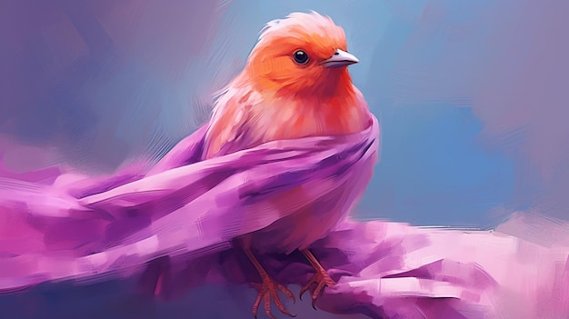 A digital painting of a bird with a pink scarf on