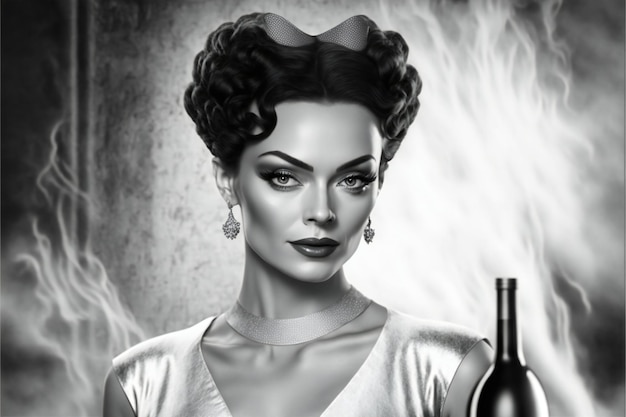 Digital painting of black and white retro woman digital illustration painting