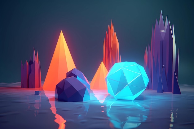 A digital painting of a blue and orange cubes surrounded by trees and rocks.