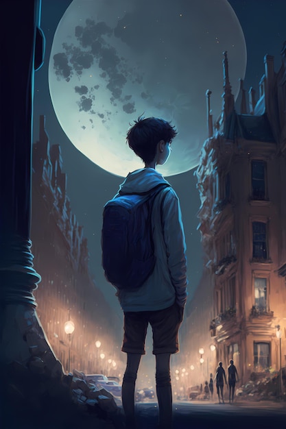 Digital painting of a boy in the middle of a district standing alone in a dystopian world