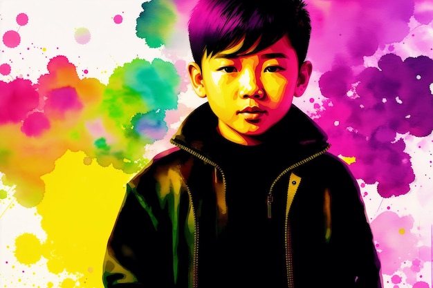 A digital painting of a boy wearing a black jacket and black jacket.