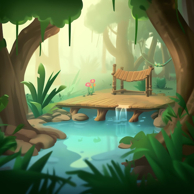 A digital painting of a bridge in a forest with a small waterfall in the background.