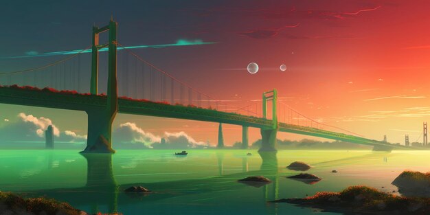 A digital painting of a bridge with a colorful sky and planets in the background.