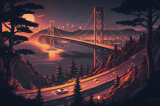 A digital painting of a bridge with a full moon in the background.