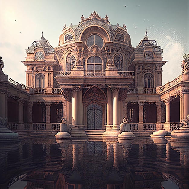 A digital painting of a building with a large building in the center.