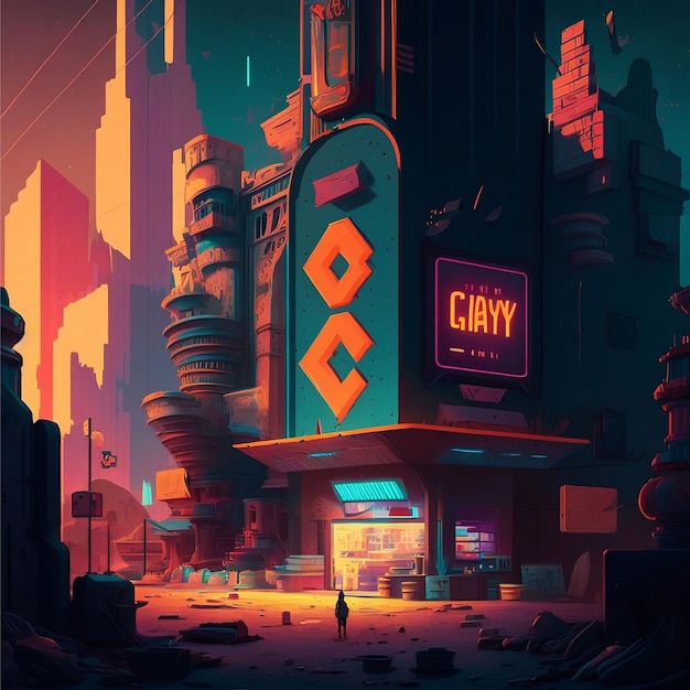 A digital painting of a building with the name gyy on it