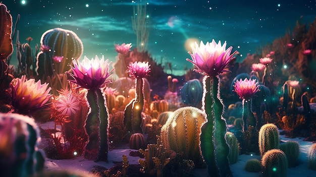 A digital painting of cactuses in the night sky.