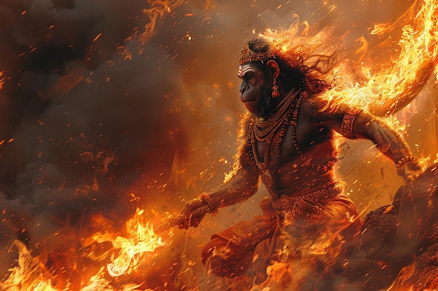 Photo a digital painting capturing the dramatic scene of hanuman setting lanka on fire with his tail