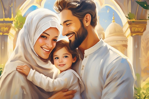 A digital painting capturing the emotional moment of a family after performing the Eid al Adha