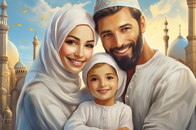 A digital painting capturing the emotional moment of a family after performing the Eid al Adha