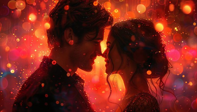 A digital painting capturing a tender moment between a couple under a canopy of twinkling lights