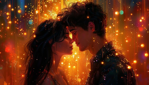 A digital painting capturing a tender moment between a couple under a canopy of twinkling lights