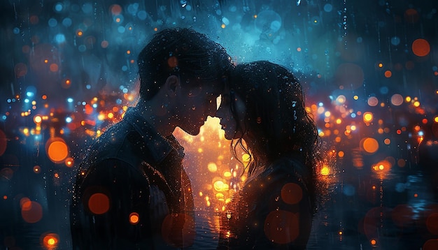 A digital painting capturing a tender moment between a couple under a canopy of twinkling lights