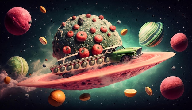 A digital painting of a car with a planet in the background