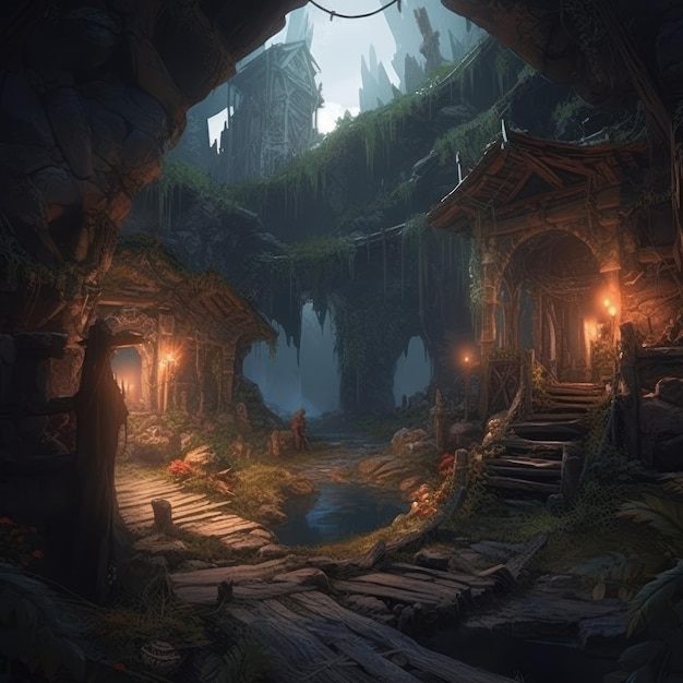 A digital painting of a cave with a bridge and a small temple in the middle.